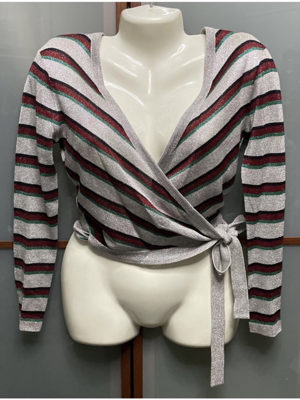 Young Insights Vintage 70s Womens Medium Metallic Striped Wrap Knit Sweater Top